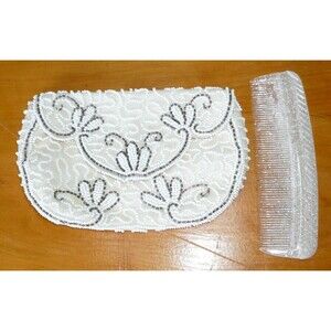 VTG Small White Silver Beaded Evening Bag Clutch + Comb ~ Strawbridge Clothier